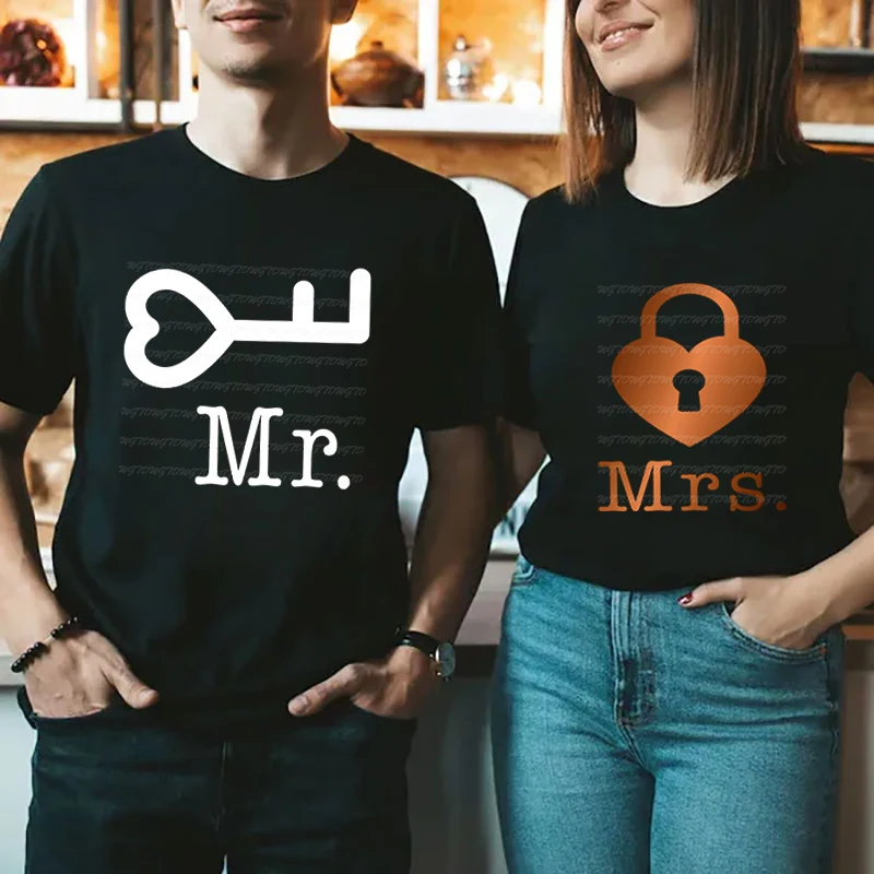 

Matching Couples T Shirt Lock and Key Print TShirt Lovers Wife Husband Shirts Valentine Romantic Gift Tees Women Couples T-shirt