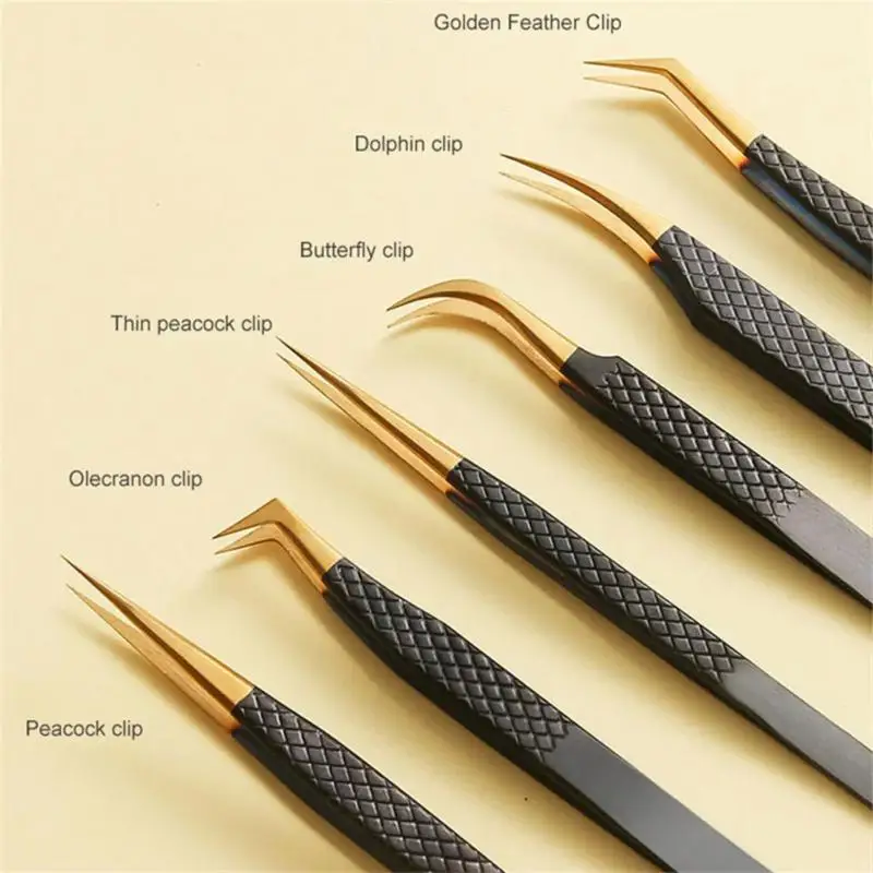 6 Type False Eyelash Tweezers For Fake Eyelashes Curved Strip Lashes Black Gold Precision Mesh Clamp Tongs Nail Art Makeup Tool