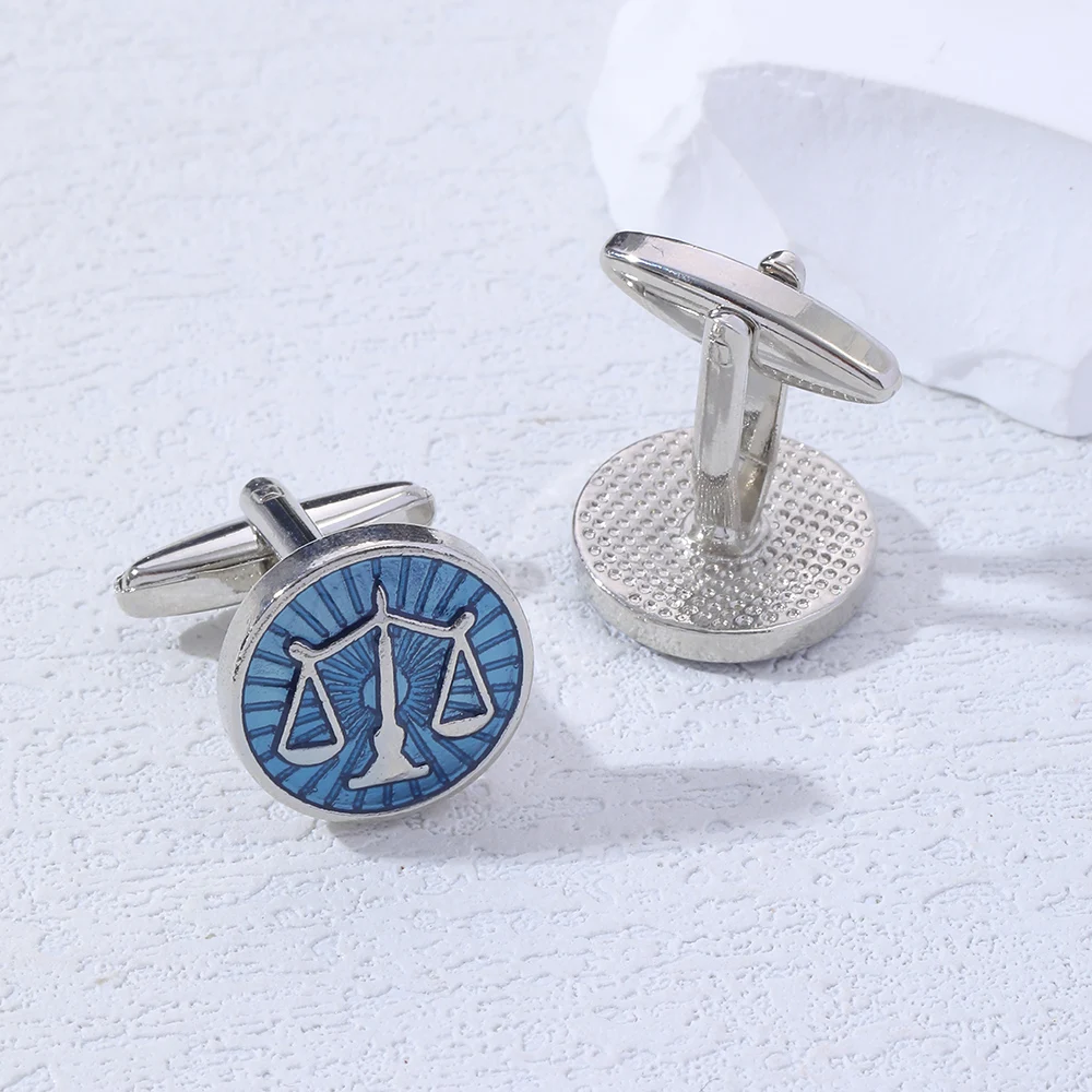 Libra Sleeve Button Law Lawyer Attorney Judge Gavel Scales of Justice Cufflink Round Blue Enamel Balance Court Logo Cuff Links