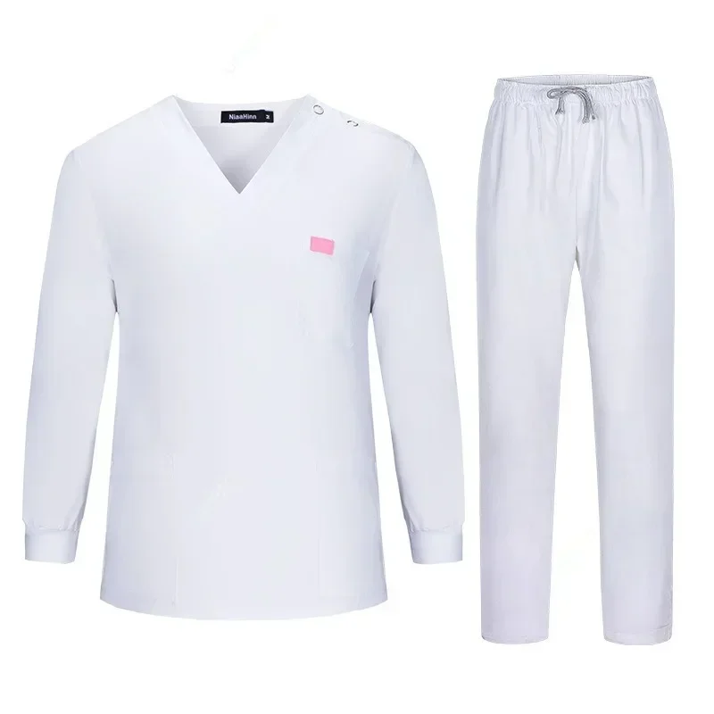 New White Long-sleeved Set Autumn/winter Lab Medical Uniform Top Elastic Pants Wholesale Hospital Doctor Nursing Scrub Clothes