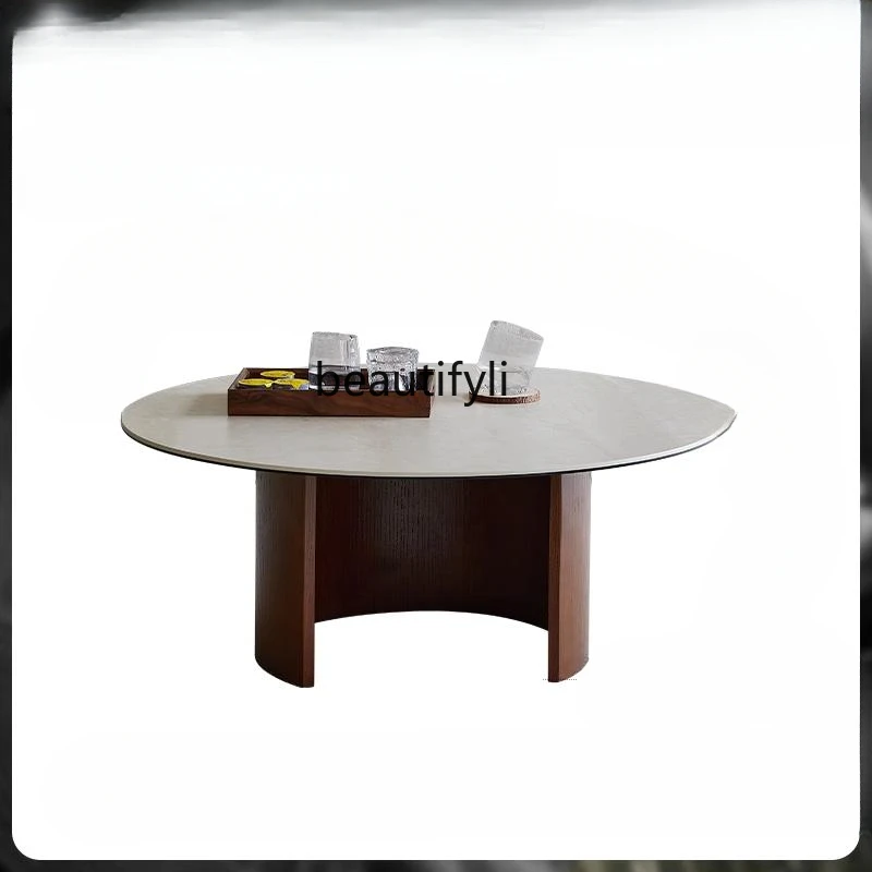 Chinese Ancient Style Cave Stone Stone Plate Living Room Pet Cream Style Solid Wood Walnut Color Misty Style round Coffee Table