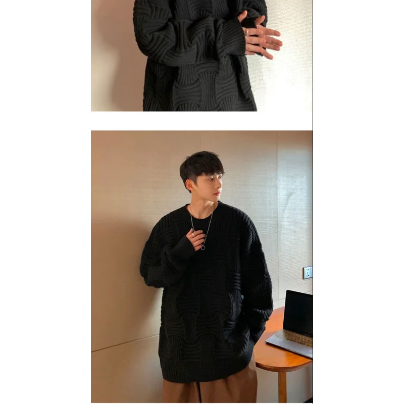 Suéter masculino com gola redonda, marca da moda, solto, tridimensional, tecido xadrez, vento preguiçoso