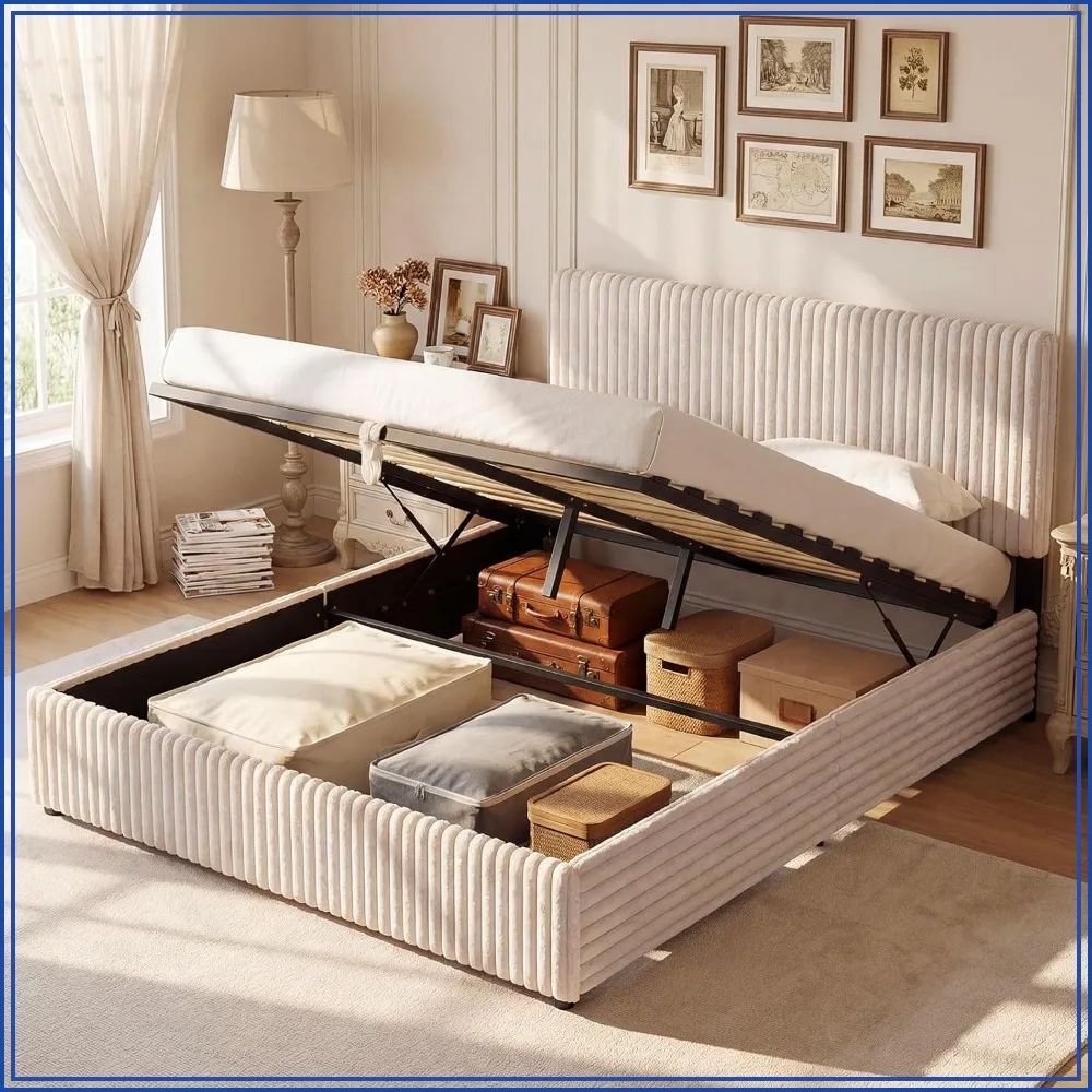 Queen Lift Up Storage Bed, Corduroy Upholstered Platform with Wingback Headboard, Hydraulic, Beige