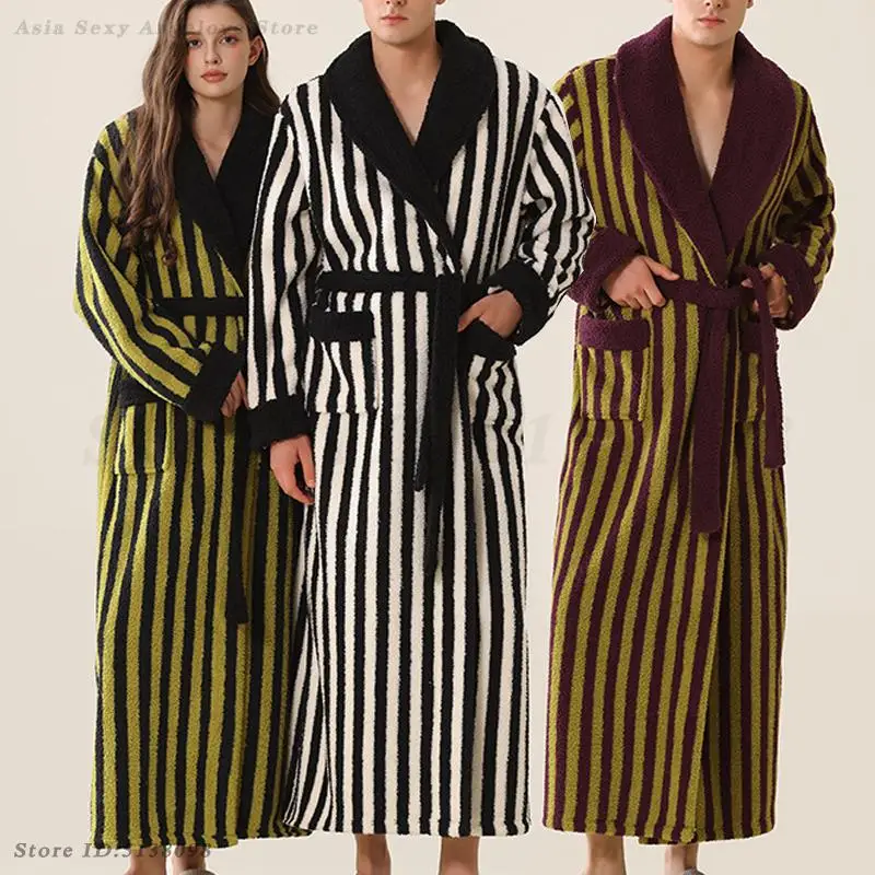 

Winter New Flannel Robe Sleepwear Hooded Striped Nightgown Lovers Kimono Bathrobe Gown Thick Coral Fleece Lingerie Home Clothes