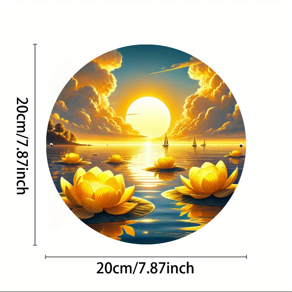 

Круглая жестяная табличка Golden Lotus Sunset Lake, винтажная металлическая настенная картина с изображением водяных лилий и морского пейзажа на рассвете, 20 см/7,87 дюйма, декоративная алюминиевая табличка.