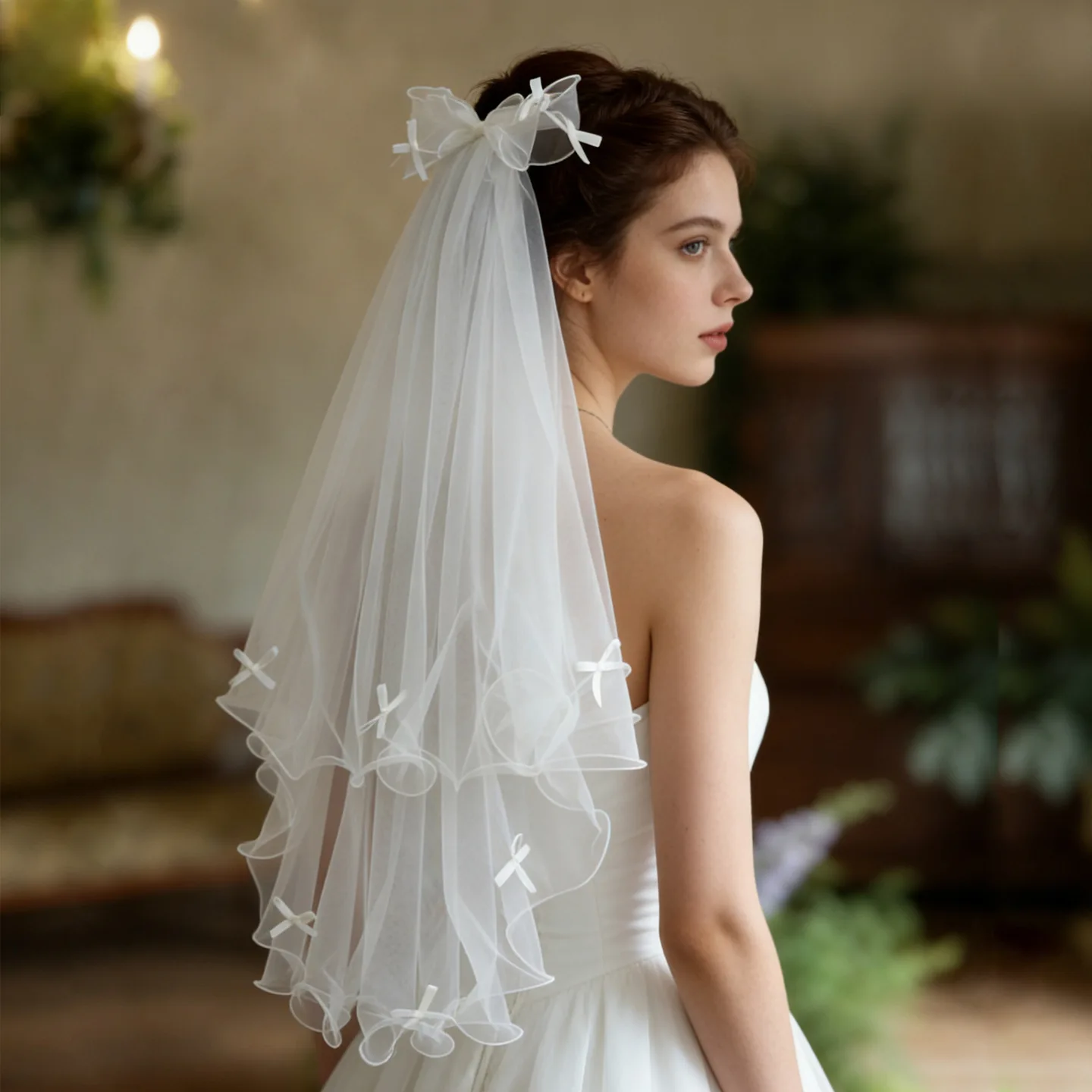 Lovely Wedding Veil Short 2 Layer Tulle Bridal Veil with Bows High Quality Wedding Veils L&P DQL Studio