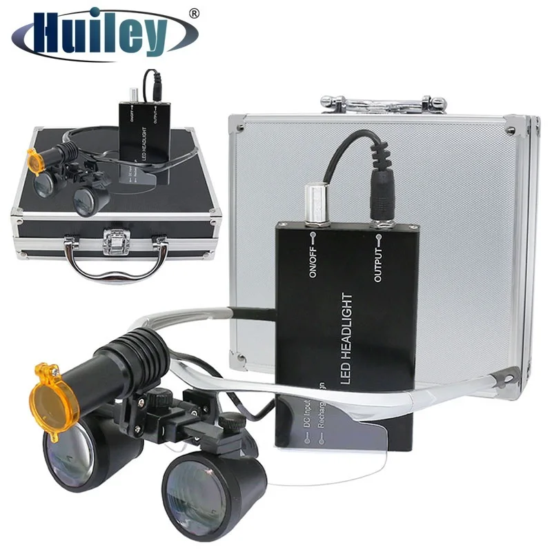 Binocular Dental Loupes 2.5X 3.5X Magnifier with 5W Headlight Yellow Filter Metal Box 320-420mm Working Distance Rechargeable