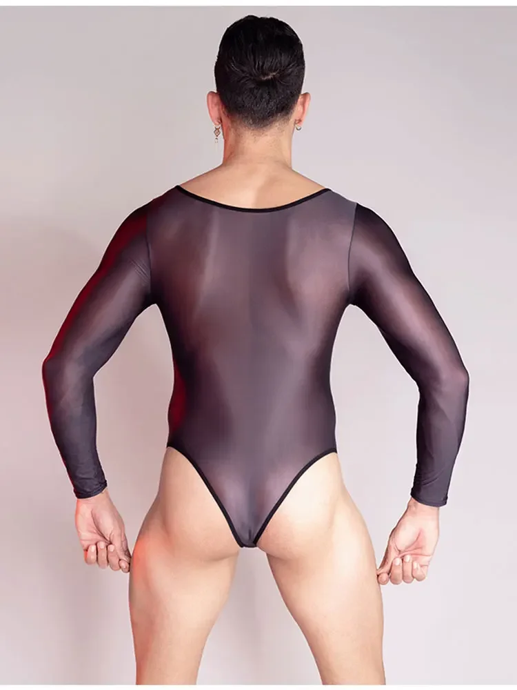 High Elastic Breathable Men\'s Bodysuit Long Sleeve Ultrathin Sheer See Through Tights Sexy Shapewear Leotard One-piece Lingerie