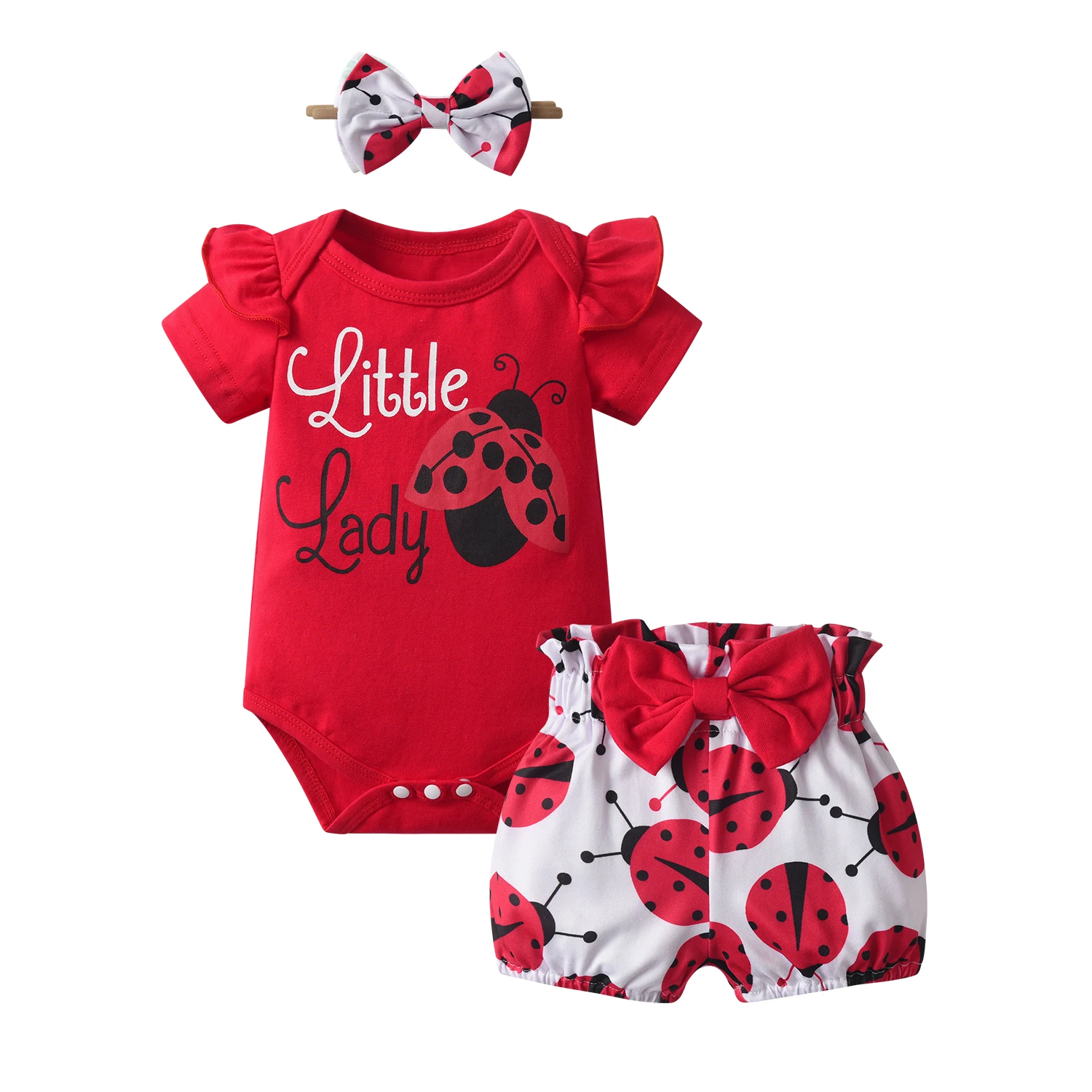 

Summer Toddler Baby Girls Clothes Set Cute insect Printed Short Sleeves Romper Top + Shorts + Bowknot Headband Outfit