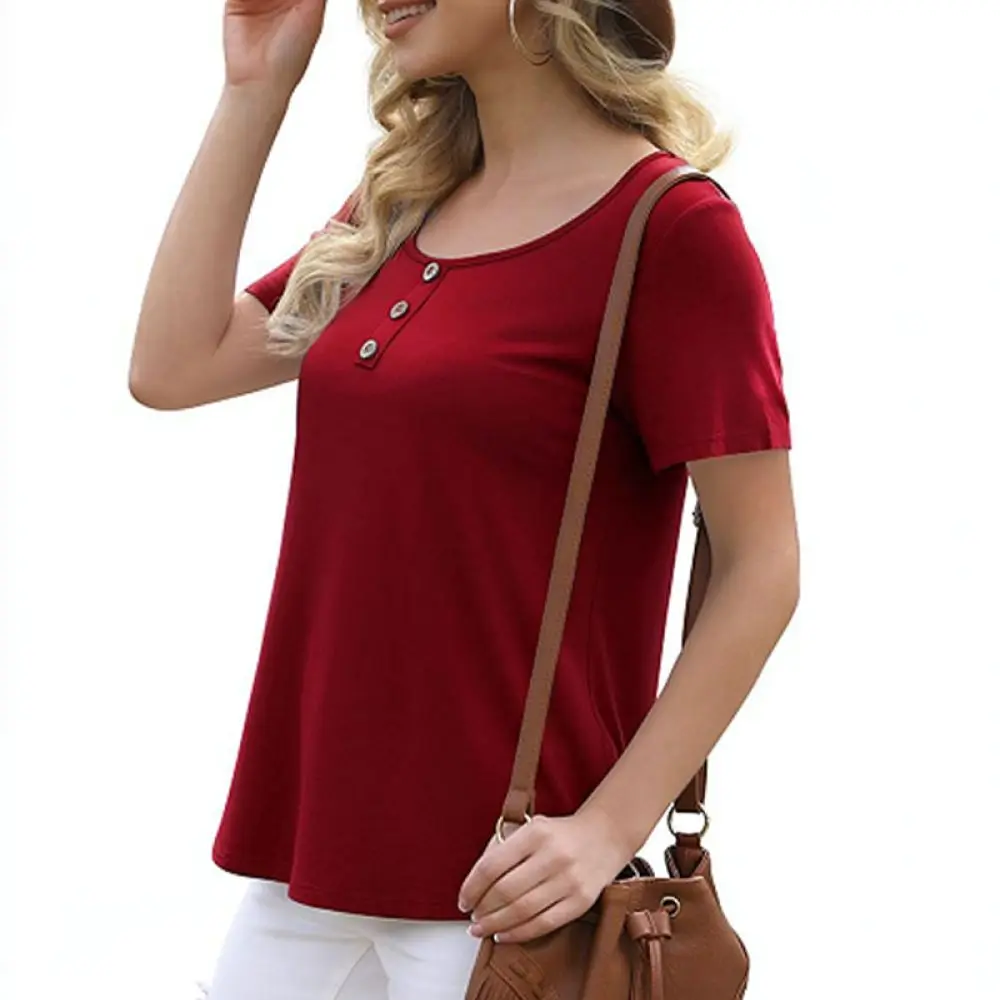 Elegant Womens Short Sleeve T Shirt Casual Round Neck Button Down Tops Fashionable Summer Streetwear Soft Breathable Pullover