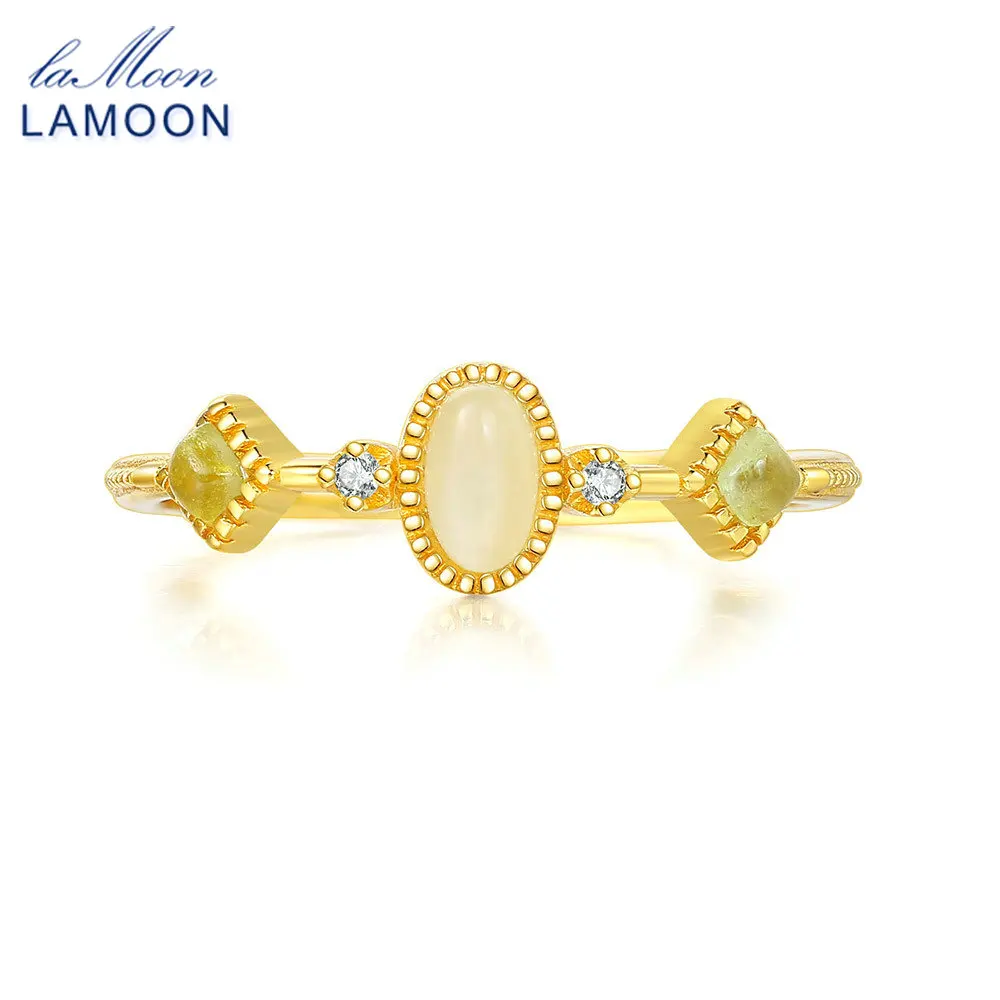 

LAMOON Vintage Natural Aquamarine Jade Gemstone Ring For Women Elegant Wedding S925 Silver Ring 14K Gold Vermril Fine Jewelry
