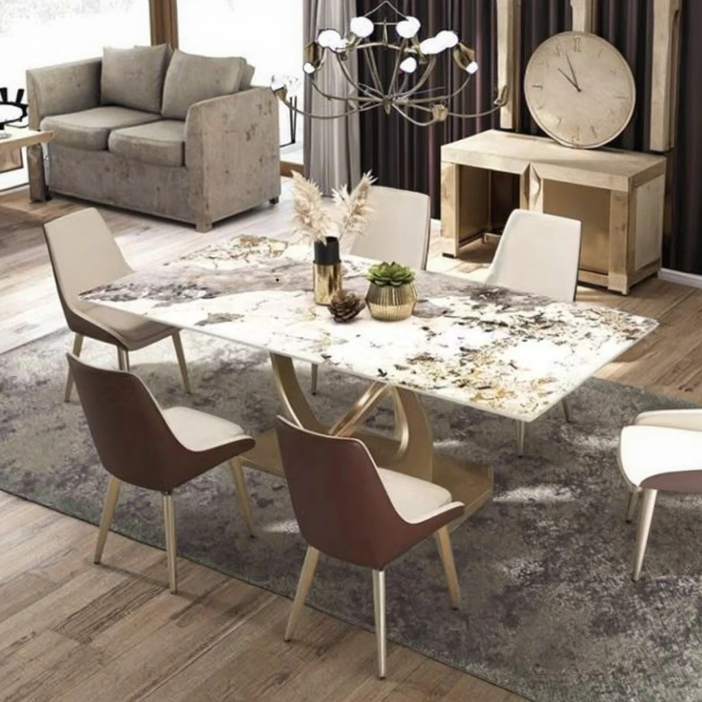 

Luxury Restaurant Metal Stainless Steel Marble Dining Room Sets Modern Furniture Kitchen Dinning Table and Chair Set