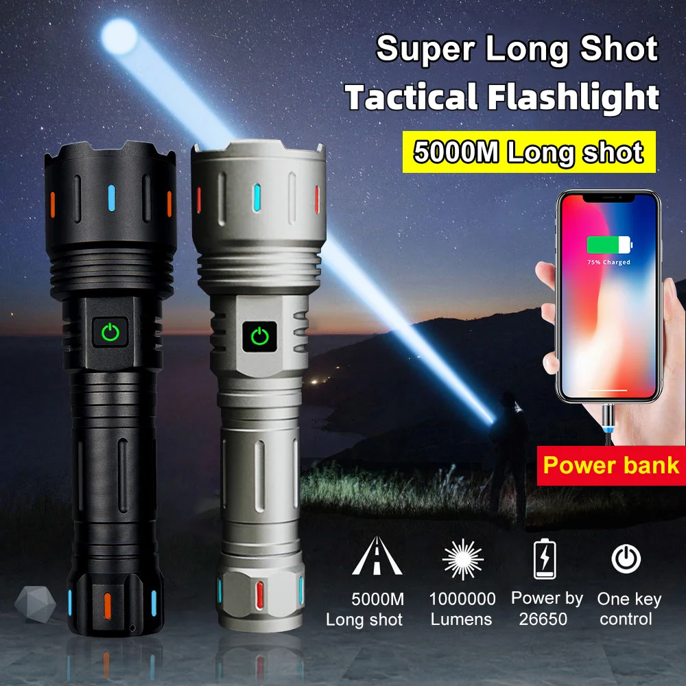 

5000 Meters Long Shot LED Flashlight Fluorescent USB C Rechargeable Spotlights 1000000 Lumens White LED Tactical Flashlights