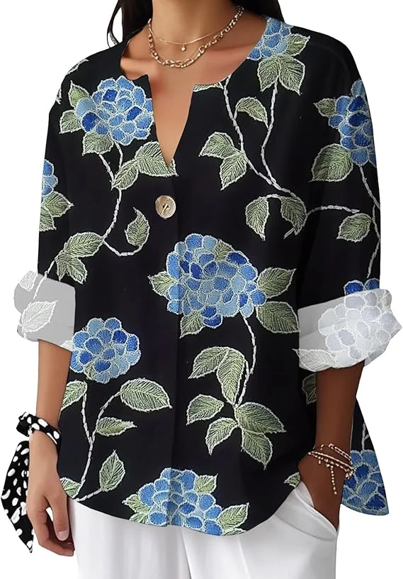 Women's Summer Shirts Vintage Floral Long Sleeve Novelty Blouses Boho Button Up Cool Graphic Tops