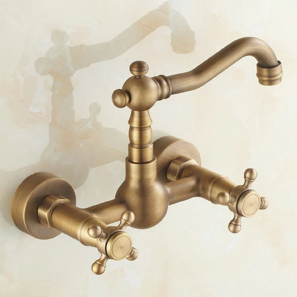 Imagem -05 - Antique Brass Wall Mounted Kitchen Sink Faucet Tap Mixer Bica Giratória Dupla Cruz Alças Atf002