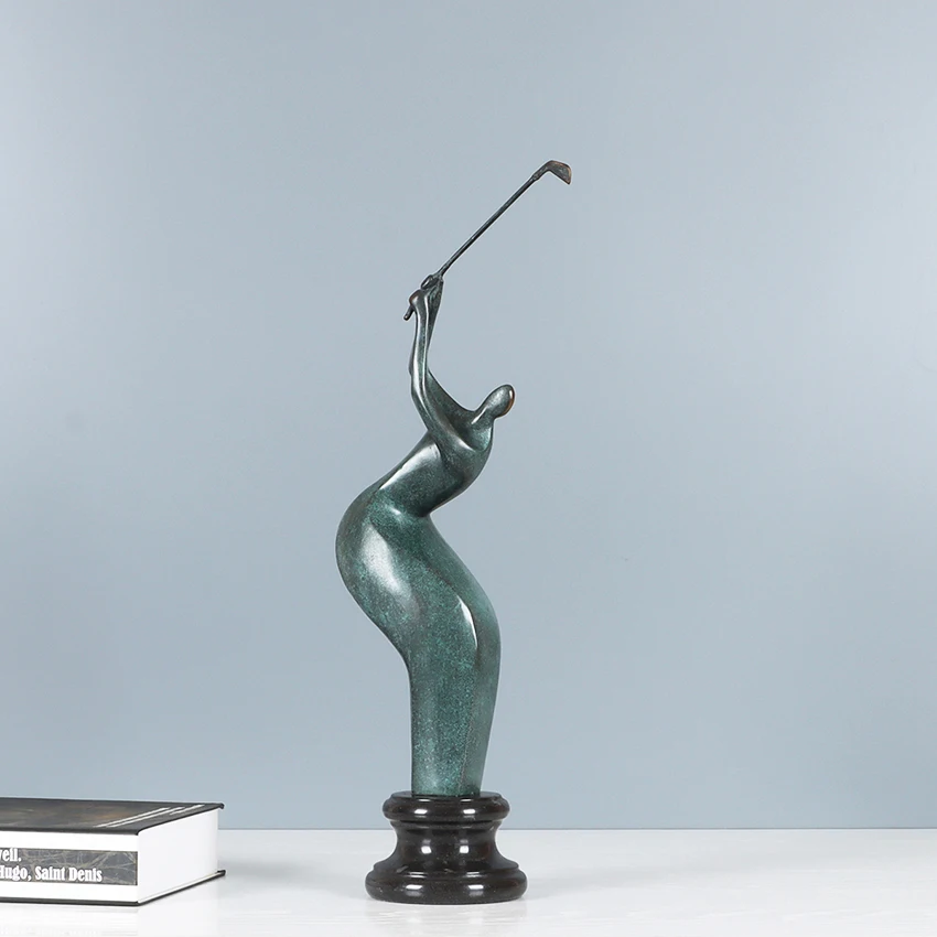 Bronze Sculpture Abstract Golfer Statue Modern Sport Figurine Art Dark Green Office Table Decor Gift