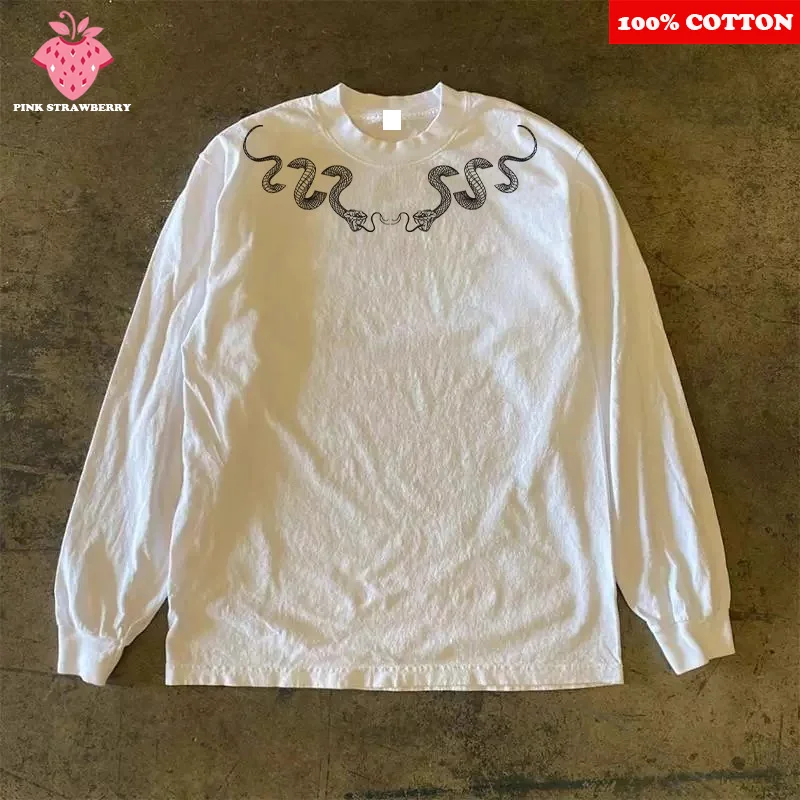 

Black snake print T-shirt Men Autumn Winter 2025 New 100%Cotton White Long sleeves Loose T-shirt Sports Gym Y2k Top Men clothing