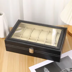 VANSIHO Classic Handmade Beige PU Leather 2/3/4/5/6/8/10/12  Watch Boxes Gift Storage Box  With Glass Window  And Lock Gift Box