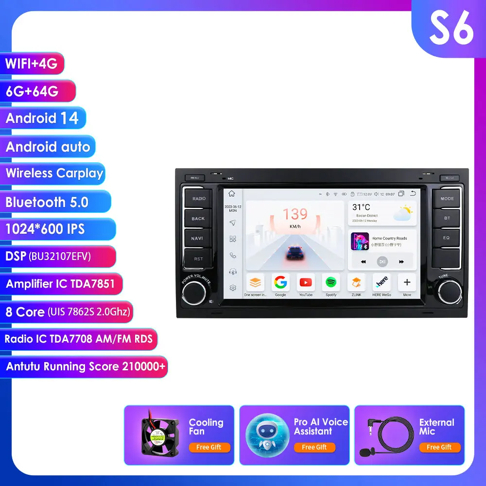 Carplay DSP 7 ''2Din Android 14 Autoradio GPS voor VW Volkswagen Touareg Transporter T5 Multivan Naviagtion Speler audio WIFI DVD - afbeelding 1