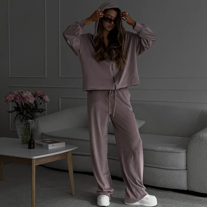 Spring Tracksuit Women Two Piece Set - Oversized Hoodie Sweatpants Solid Color Sportswear Suit Casual Sweatshirt Trouser Set view 6