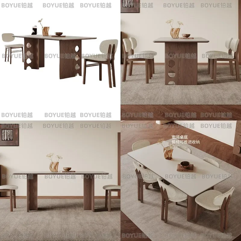Nordischer Wabi-Sabi Esstisch aus Massivem Eschenholz, Moderner Minimalistischer Rechteckiger Steinplatten-Tisch für Kleine Wohnungen