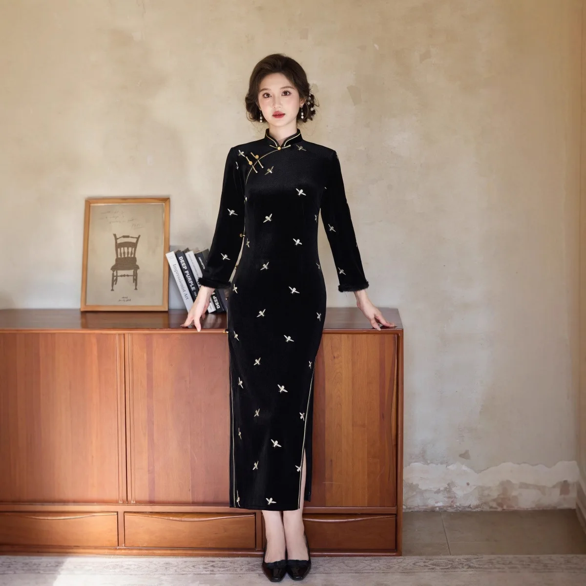 شتاء جديد المخمل الصيني تحسين شيونغسام سميكة مطرزة كسر زهرة الرجعية شيونغسام نمط طويل تشيباو #5