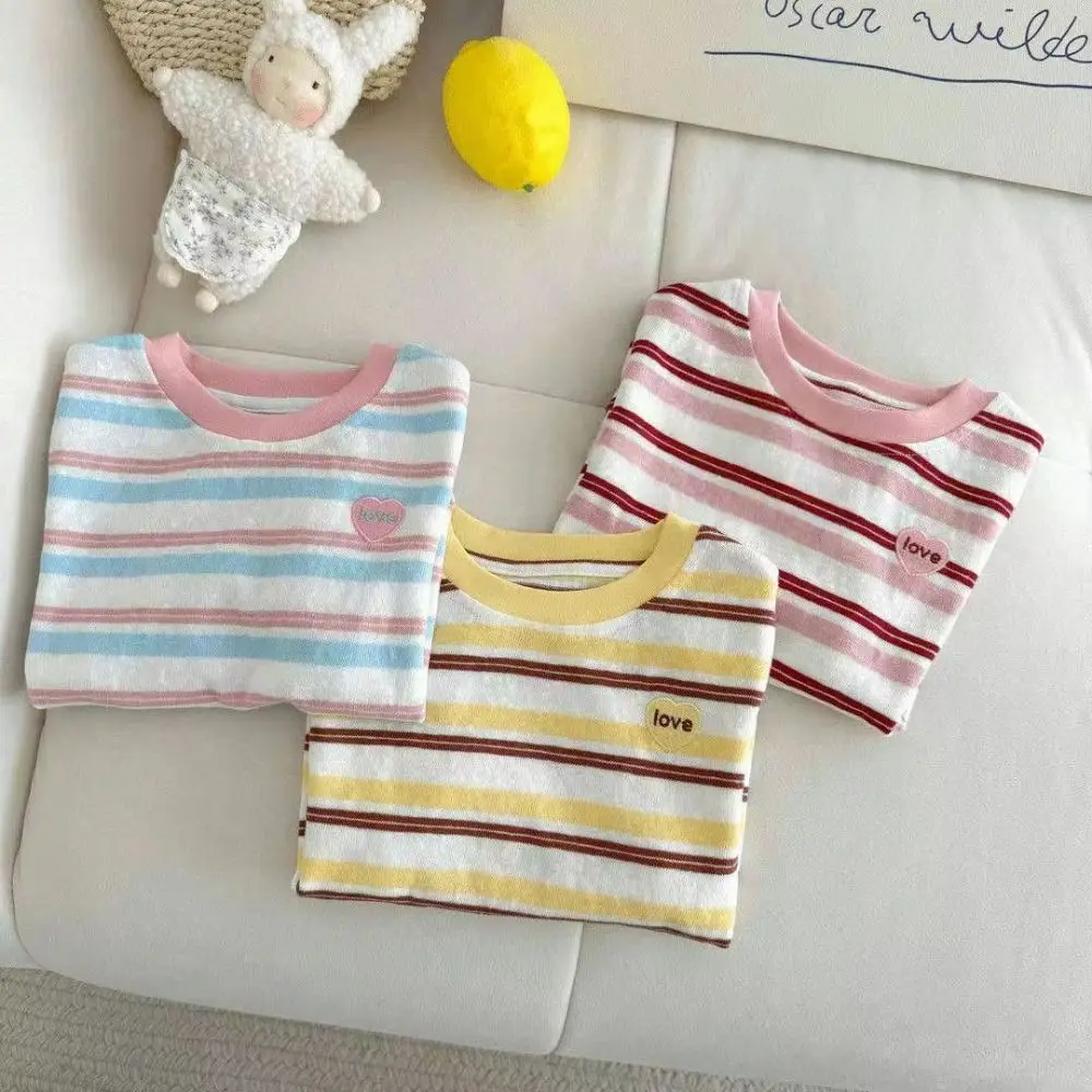 Cute Striped Print T-shirt Breathable Heart-shaped Embroidery Short Sleeved Oversized Korean Style Crop Tops Summer