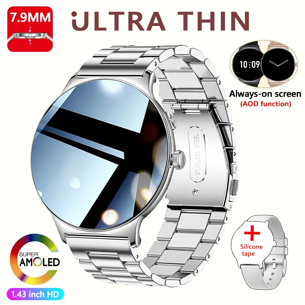 Ultradünne, modische Damen-Smartwatch, 1,43 Zoll AMOLED-HD-Bildschirm, Sportarmband, Uhr, zeigt immer die Zeit, Bluetooth-Anruf-Smartwatch