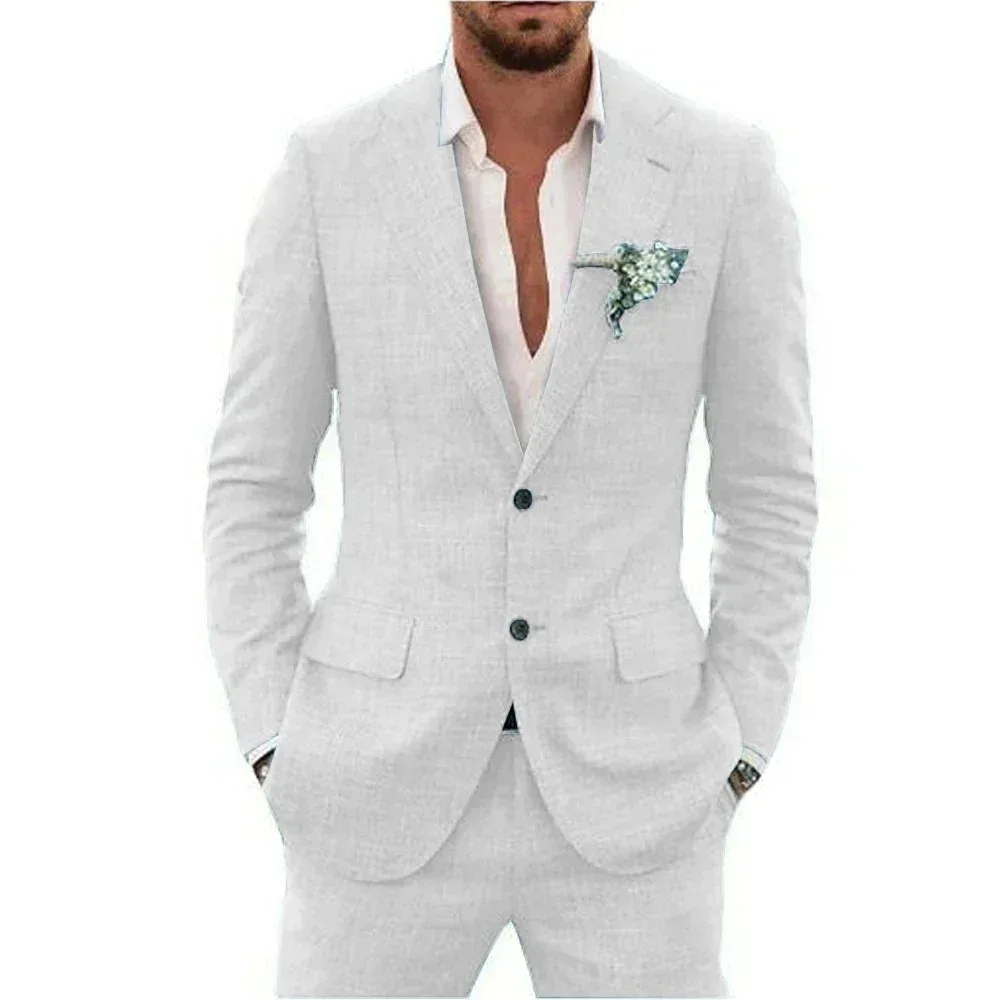 

Casual 2 Piece White/Beige Linen Men Suits Notch Lapel Slim Fit Groom Tuxedos Blazer Pants Sets Wedding Prom Party Costume Homme