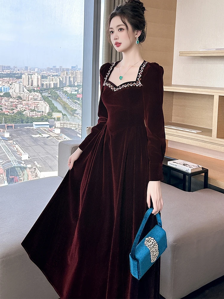 Ropa de mujer elegante de terciopelo liso con mangas abullonadas, vestido ajustado acampanado de lujo para noche, Vestidos elegantes para fiesta de cumpleaños, bata informal