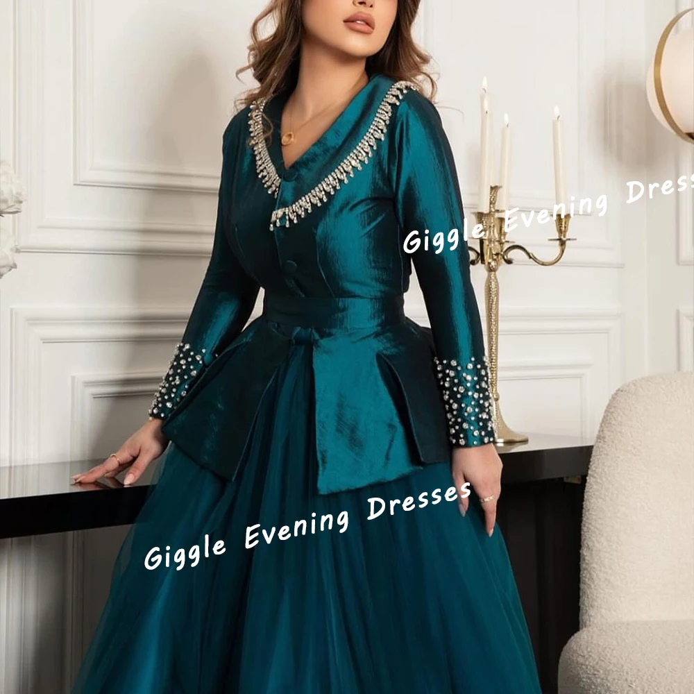 Giggle Satin Beaded Elegance A-Line Prom Gown Saudi Arab Button Fashion Floor-Length Summer Evening Party Dresses for Women 2024