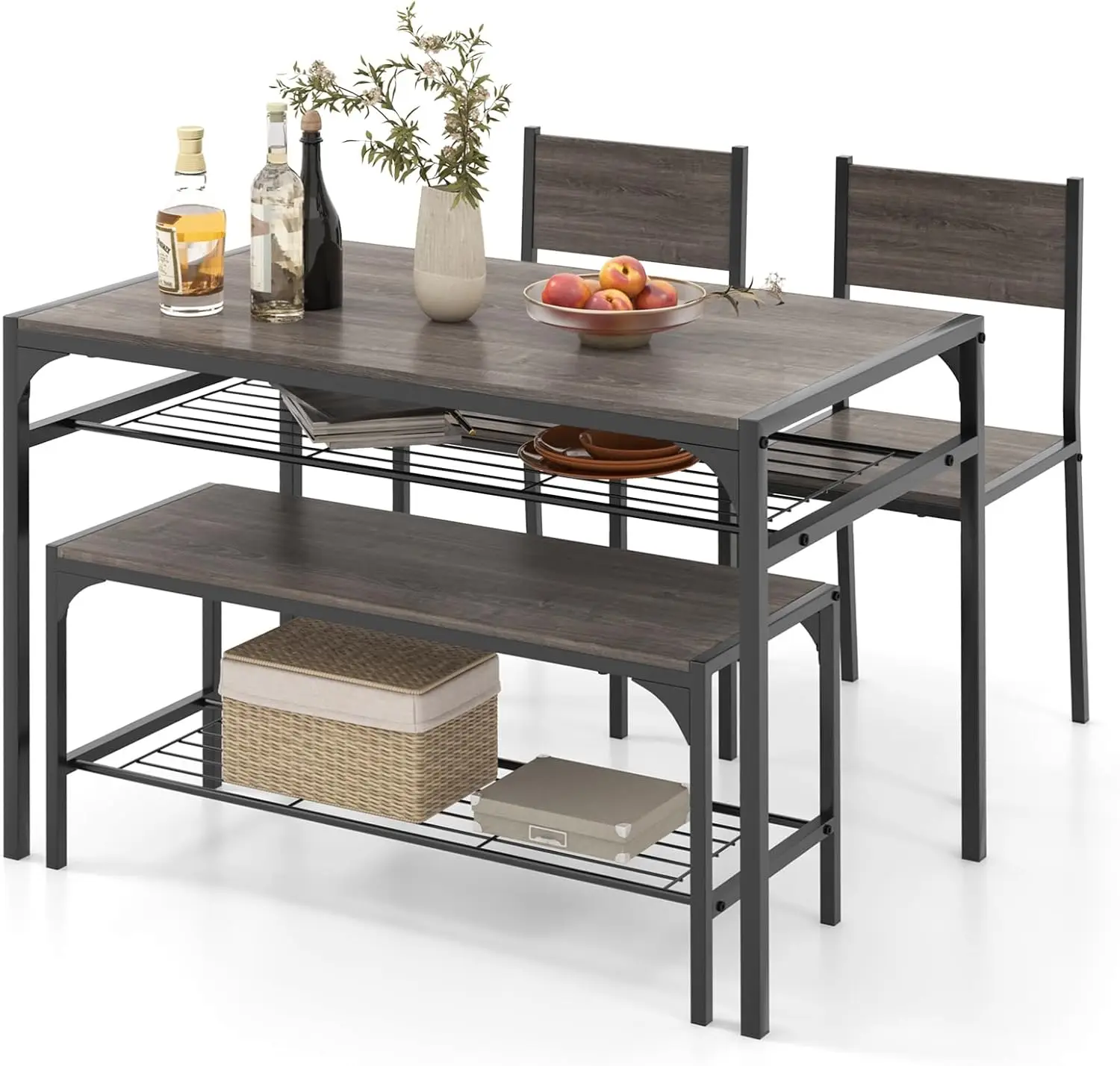 Pieces Dining Table Set, Kitchen Table and 2 Chairs for 4 with Bench, Storage Racks, Metal Frame & Space-saving Design, Industri