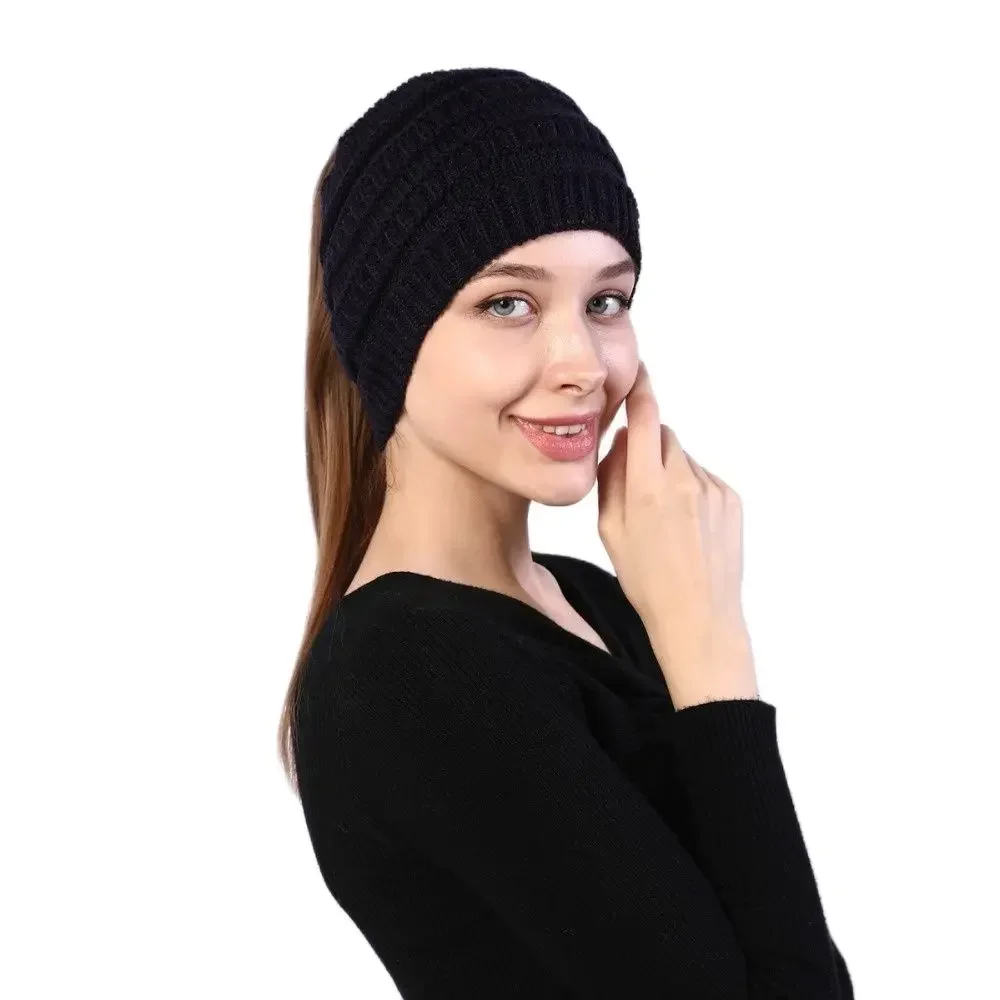 New Women Autumn Winter Ponytail Beanie Hat Solid Color Lady Stretch Knitted Crochet Beanies Hat Cap For Women