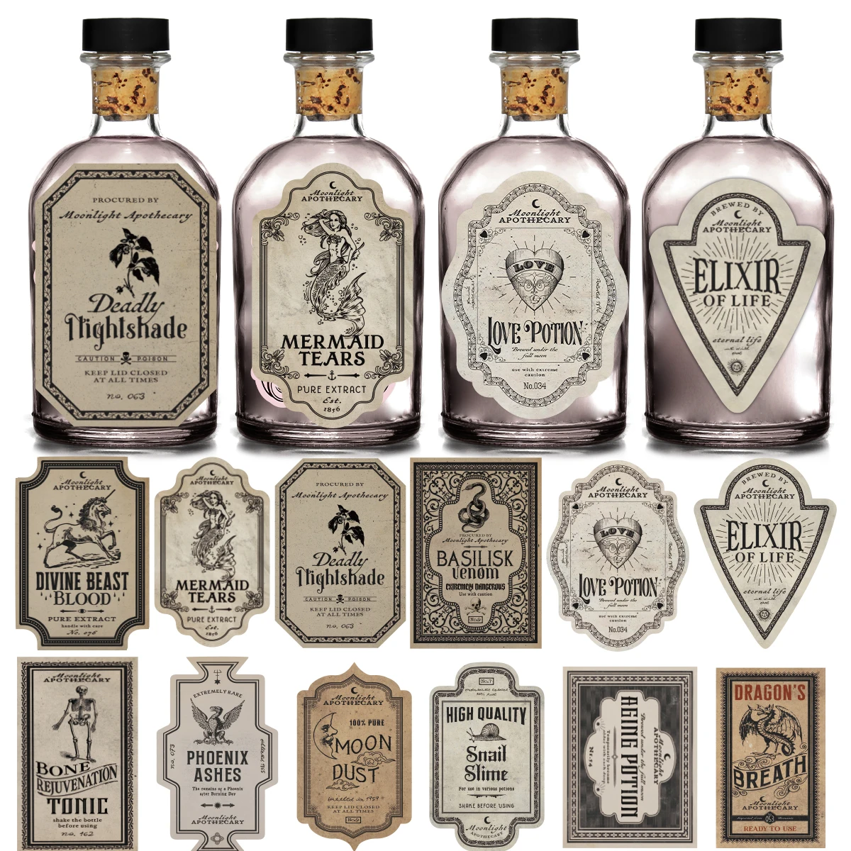 12 Uds. Etiquetas adhesivas de botella de Halloween con tema de poción de fantasía Retro, calcomanías de papel para copas de vino de poción mágica, decoración de Bar de fiesta