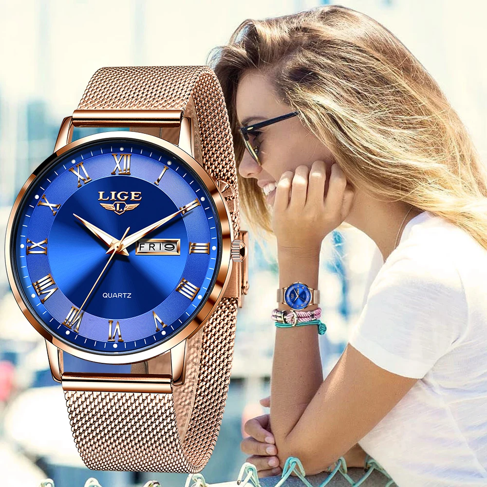 LIGE Womens Watches Ultra thin Quartz Watch For Women Luxury Bracelet Wristwatch Ladies Date Week Clock Watch Relogios Feminino