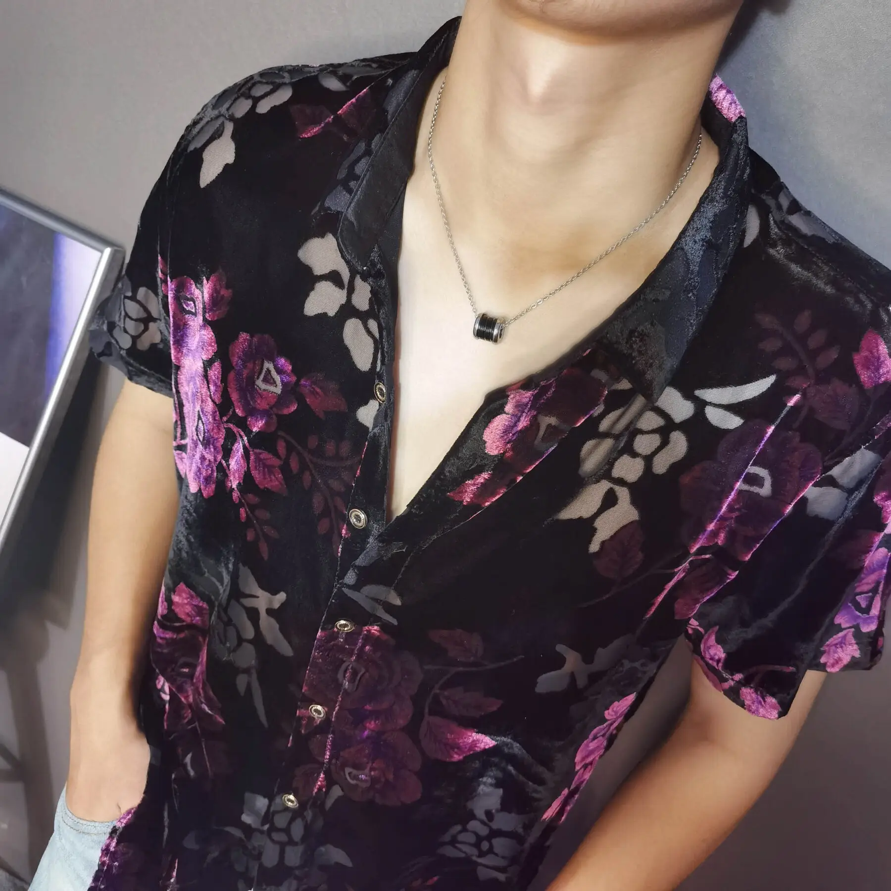 Fashion Transparent Floral Shirt Masculine Velvet Slim-fit Shirt Mens Short-sleeved Clothing See-through Nightclub Purple Shirt