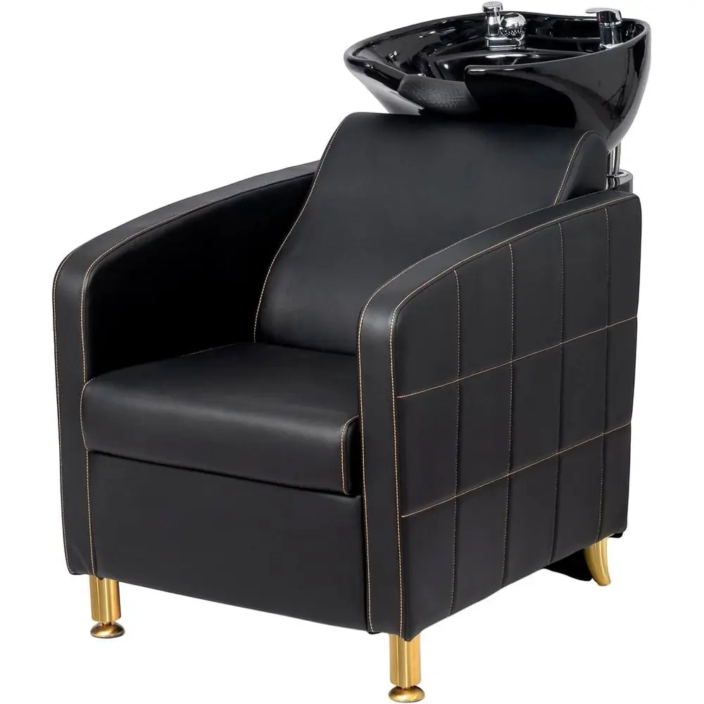 

Luxury Spa Shampoo Station with Wide Seat and Porcelain Sink, Black & Gold Edition