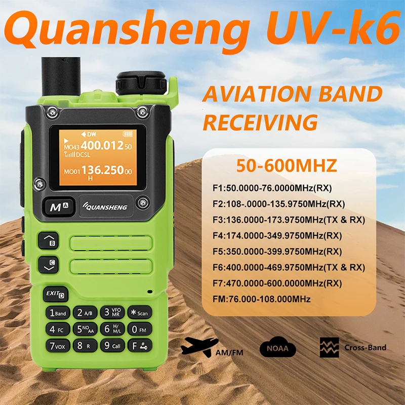 Quansheng UV-K6 Walkie Talkie 5W Green 50-600MHz Full Band Receiving Air Band Type-C  Scrambler NOAA Wireless Frequency CB Radio