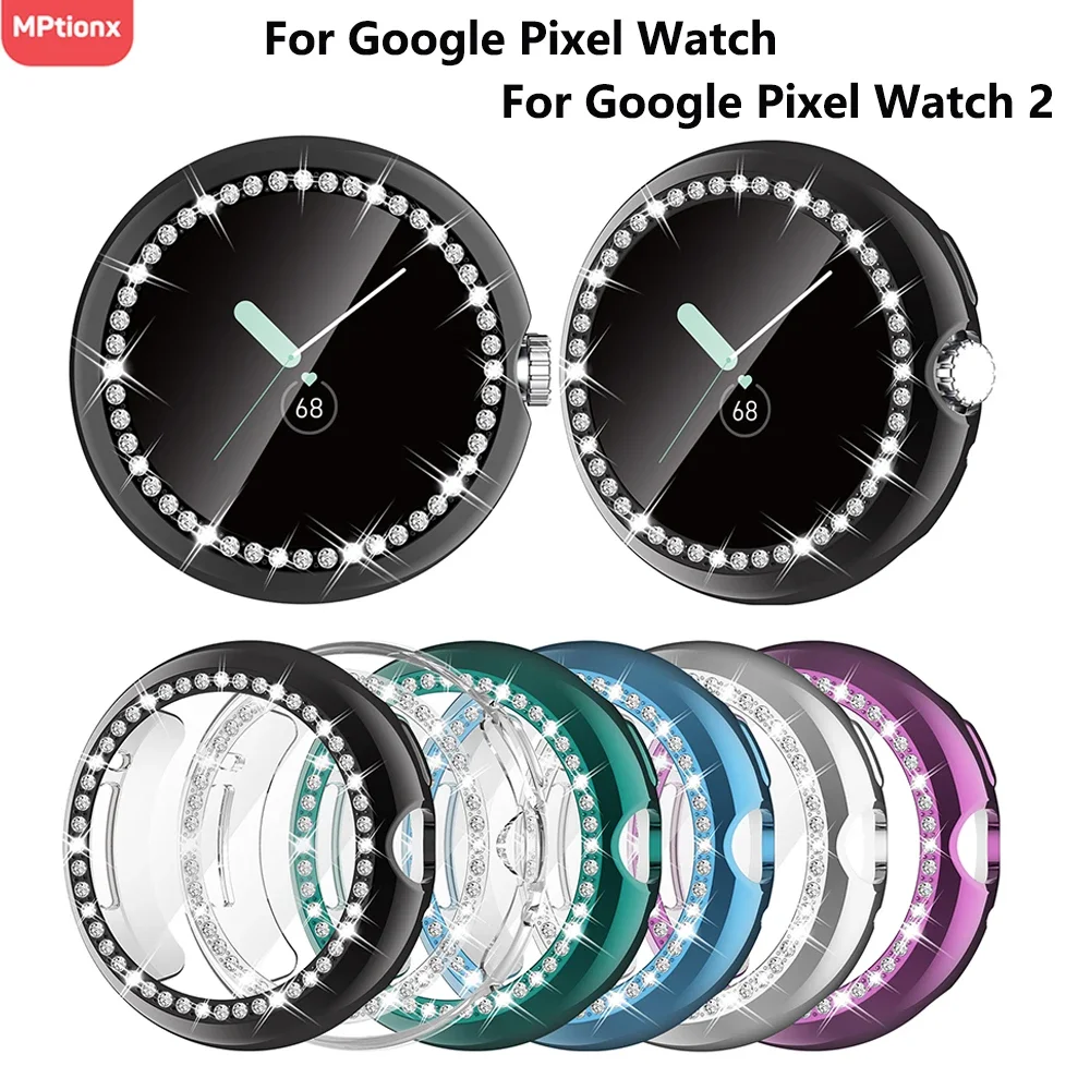 Capa para Google Pixel Watch 2 Diamond Bling 360 °   Capa protetora de tela cheia TPU para acessórios de pulseira de relógio Google Pixel