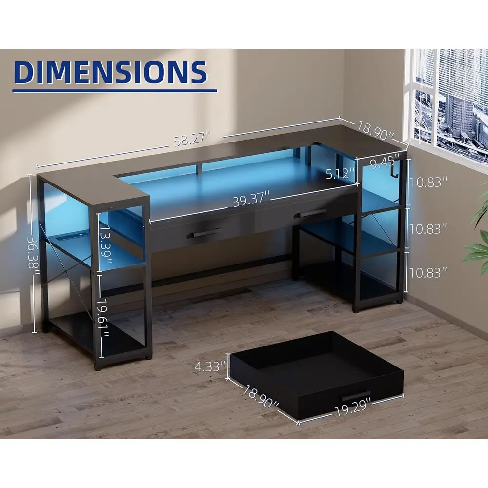 مكتب ألعاب أسود 58 مزود بإضاءة LED ومنافذ طاقة ودرجين للمكتب المنزلي والكمبيوتر الشخصي #2