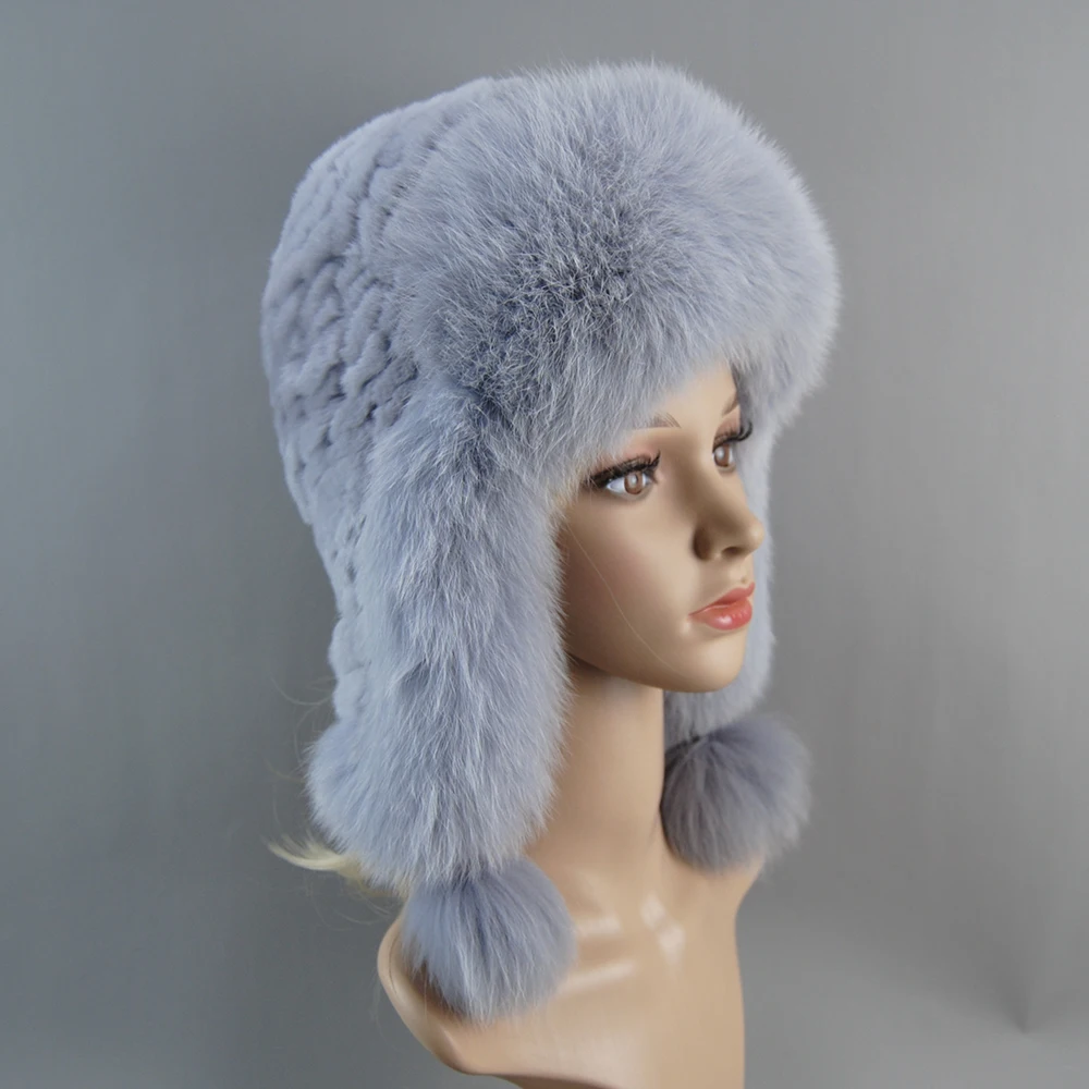 Winter Hat For Women Warm Natural Genuine Rex Rabbit Fur Knitted Hats With Earflaps Handsewn Fashionable Bomber Hat