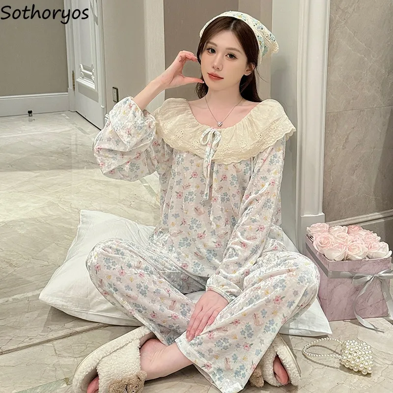 

Pajama Sets Women Floral Chic Pleuche Long Sleeve Sweet Harajuku Bow Design Princess Popular Autumn Soft Gentle Loungewear Ins