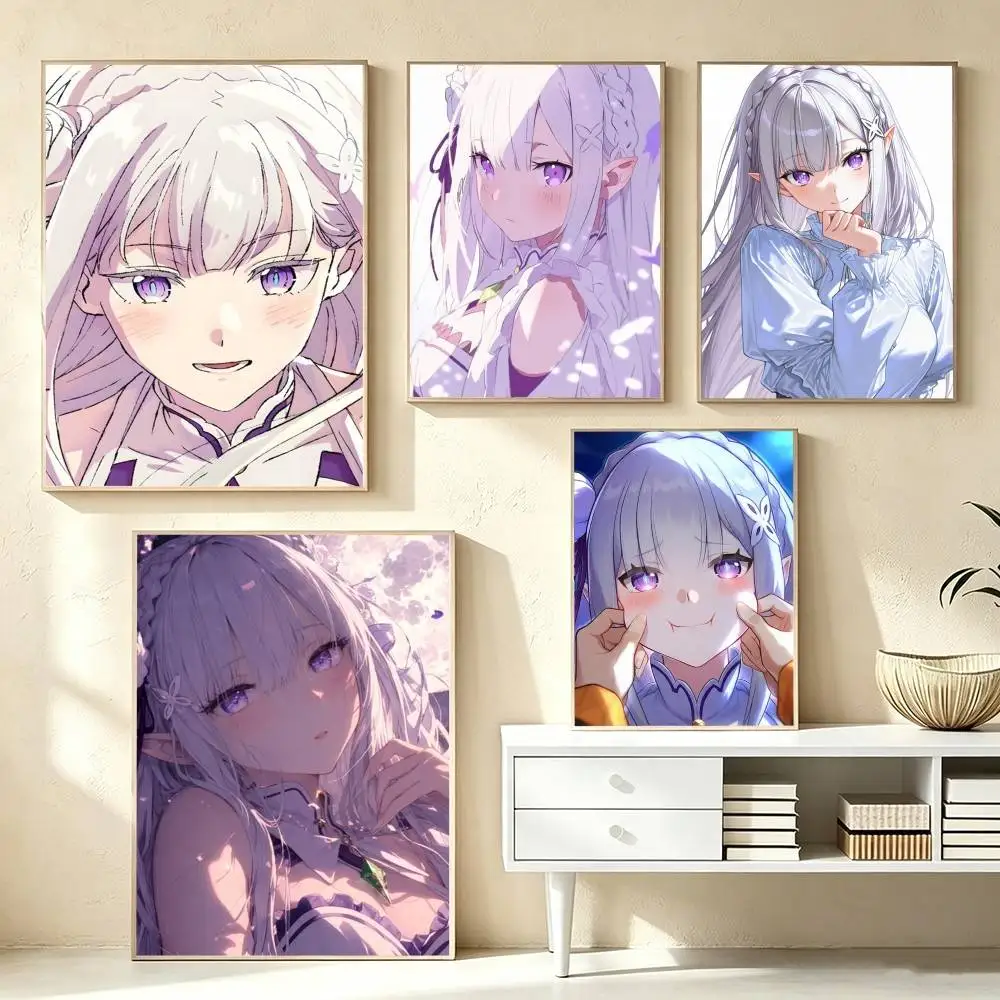 Anime R-Re Zero Emilia  Poster Waterproof Wall Art Sticker For Bar Living Room Vintage Decor High Quality Print Gift