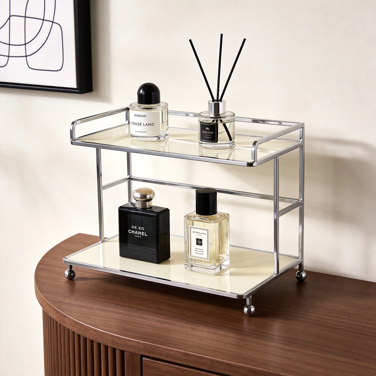 Two-Tier Desktop Storage Display Rack, Coffee Cup Holder, Acrylic Organizer Rack, Cosmetics and Perfume Desktop Rack, Black and White Cream Color, Suitable for Desktop Use