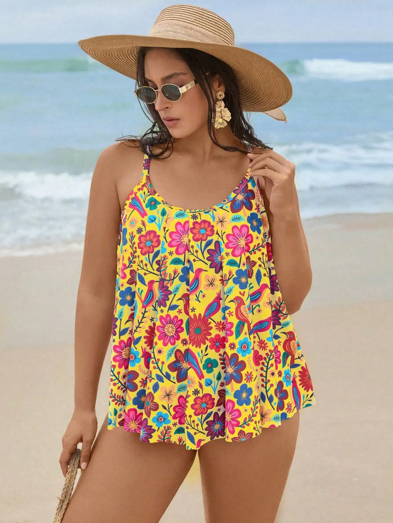 

Women Floral Print High Waist Ruffled Tankini Two Piece Swimwear Set