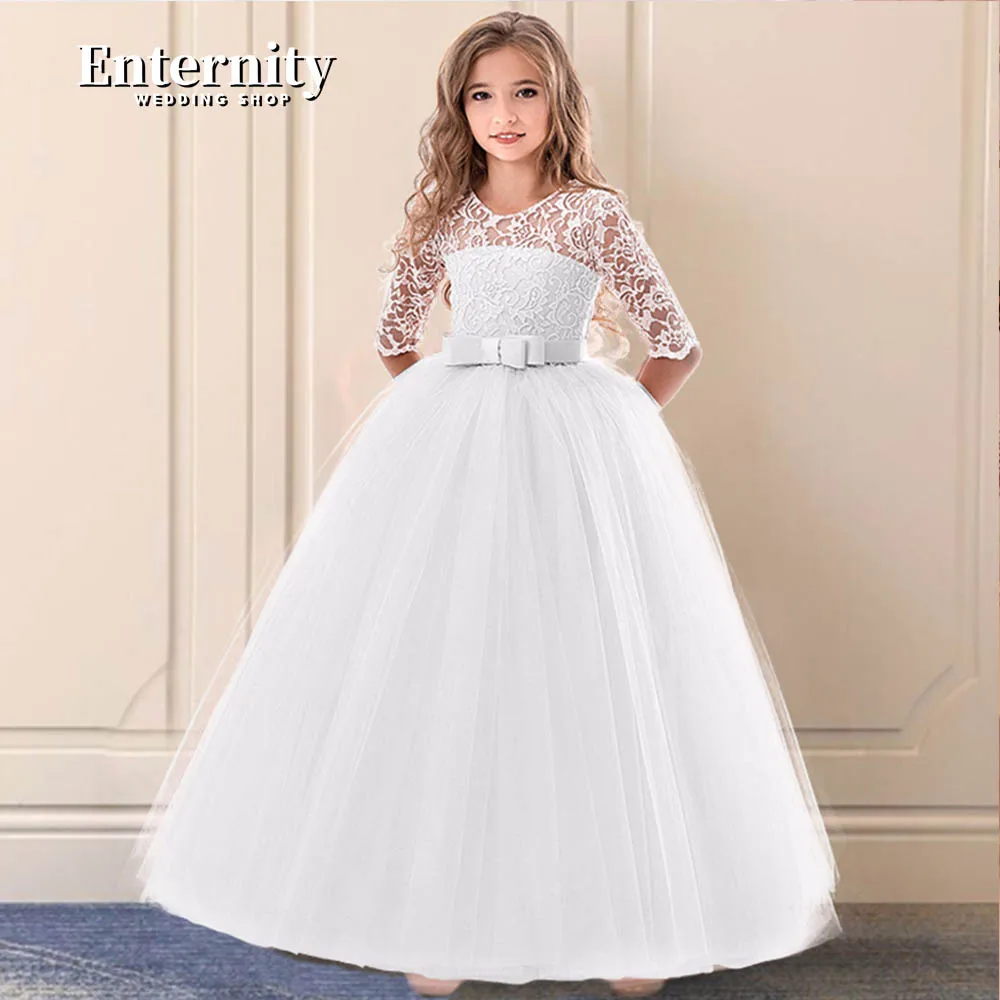 Princesse Enfant O-neck Flower Girl Dress Bow A-line Butterfly Long Sleeve Illusion Back Extravagant Vestidos Para Niñas