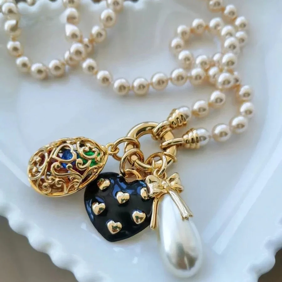 Medieval Woman Fine Jewelry Europe America Vintage Pearl Heart Long Necklace Sweater Chain Trend Top Quality Pendant Gift Party