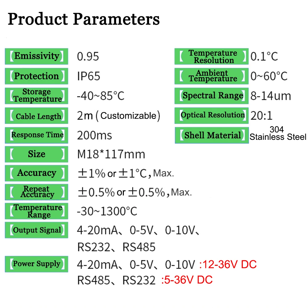 Industrial Non-contact Online Infrared Thermal Detector Probe High Temperature Infrared Temperature Sensor Transmitter 4-20mA