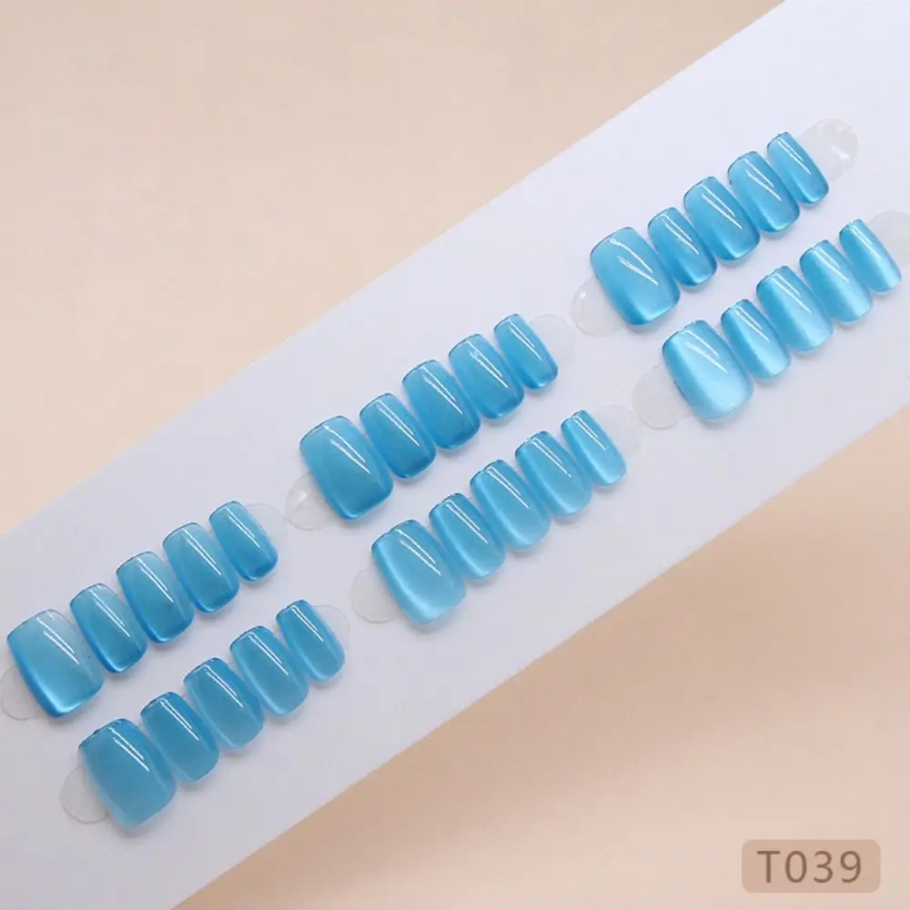 24pcs Fashion Short Ballerina False Nails French Shining Fake Nials Cat Eye Pink Blue Press on Nails Women Girls