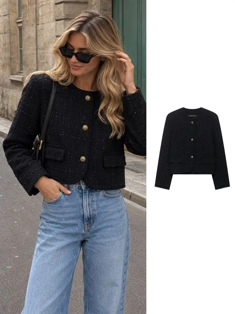HH Women Spring Fall Black Tweed Jacket Crew Neck Chest Flap Pockets Chic Short Outerwear For Office Party Date Daily Wear